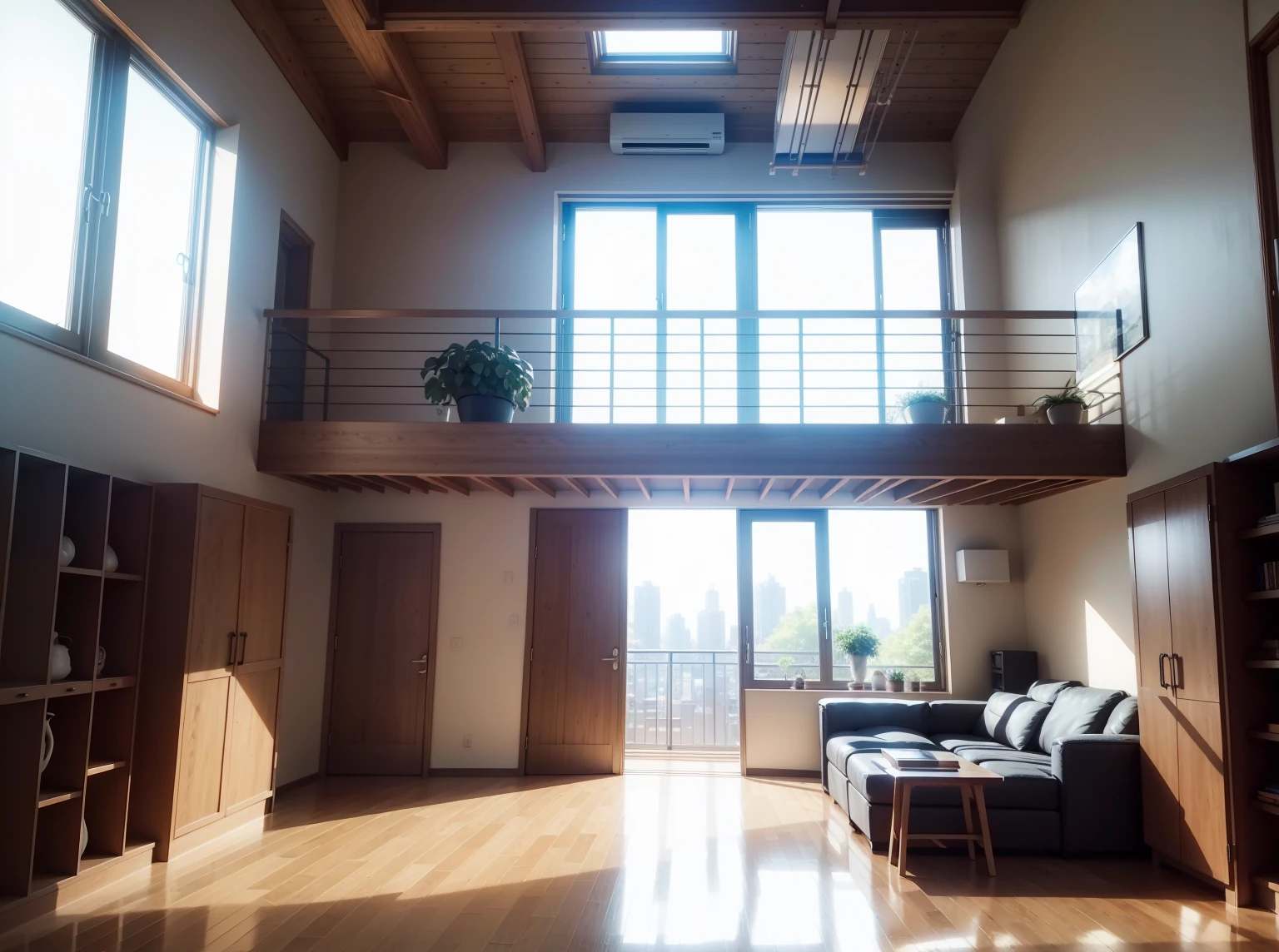 Hyper detailed,Create an image: There are floor-to-ceiling windows、Imagine a modern loft with natural light. This characteristic is the starting point of our story..