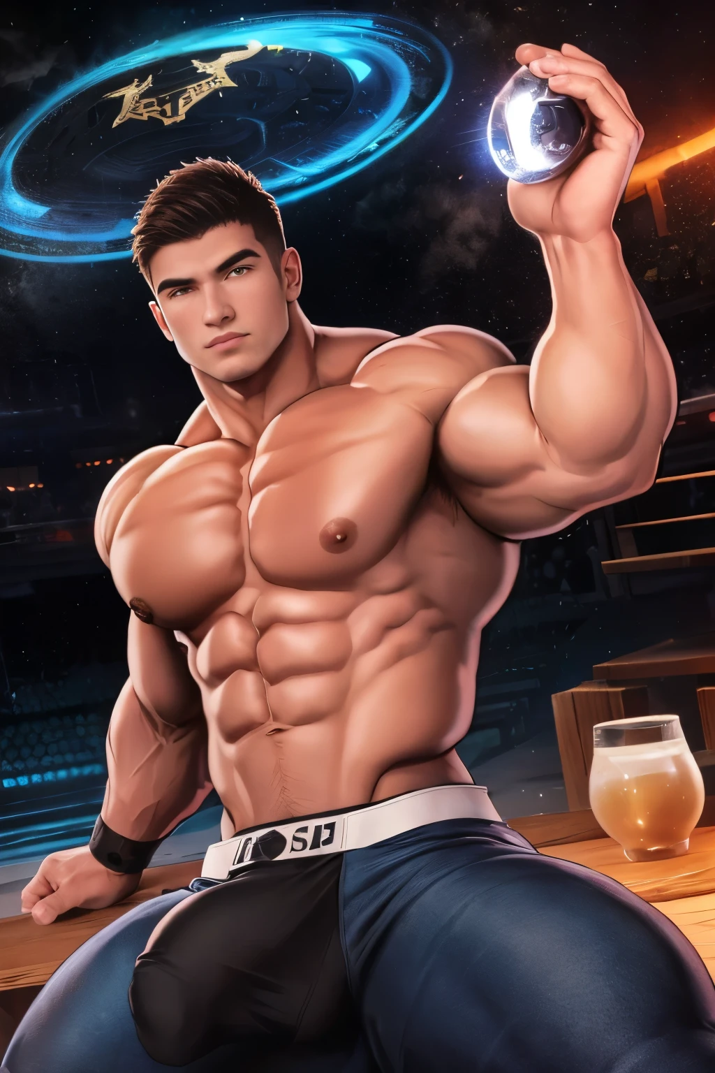 Un rey sentado sobre un trono de hielo, (piel palida), Pelo blanco con mechones azules, pelo corto, atletic body, ((hombre joven)), sin Camisa,(( sin vello facial)), alluring facial expression, Luz ambiental fria, Obra maestra , Perfect anatomy, color perfecto todo el cuerpo), Detallado,Sin zapatos., redhead