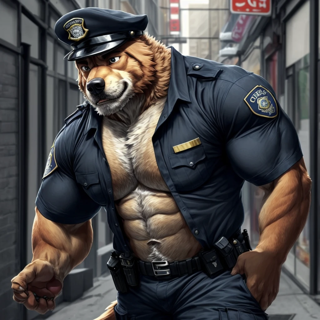 top quality, best quality, super high resolution, detailed background(highly detailed beautiful face and eyes)absurdres, perfect anatomy((angelic nice 1boy, kemono, solo focus, muscle man, beard))(((furry)))(furry anthro:1.7)((((Furry body, dog facial features, dog body features))))((very detailed body fur))full body(dignified)police officer, SWAT, street, muscle, facial hair, volumetric lighting, depth of field, gasping for air, raised crotch, black clothes, ((black police uniform)) shirt, from below, open shirt