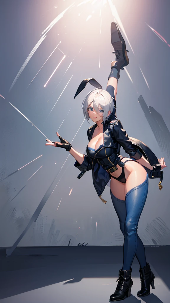 Angel kof,blue eyes,short hair,white hair,hair over one eyes, navel, cowboy boots, cleavage, 1girl, jacket, cropped jacket, leather, fingerless gloves, underwear, panties, chaps, gloves, boots, strapless, smile, leather jacket, solo, strapless bra, toned,Big breasts, big thighs 