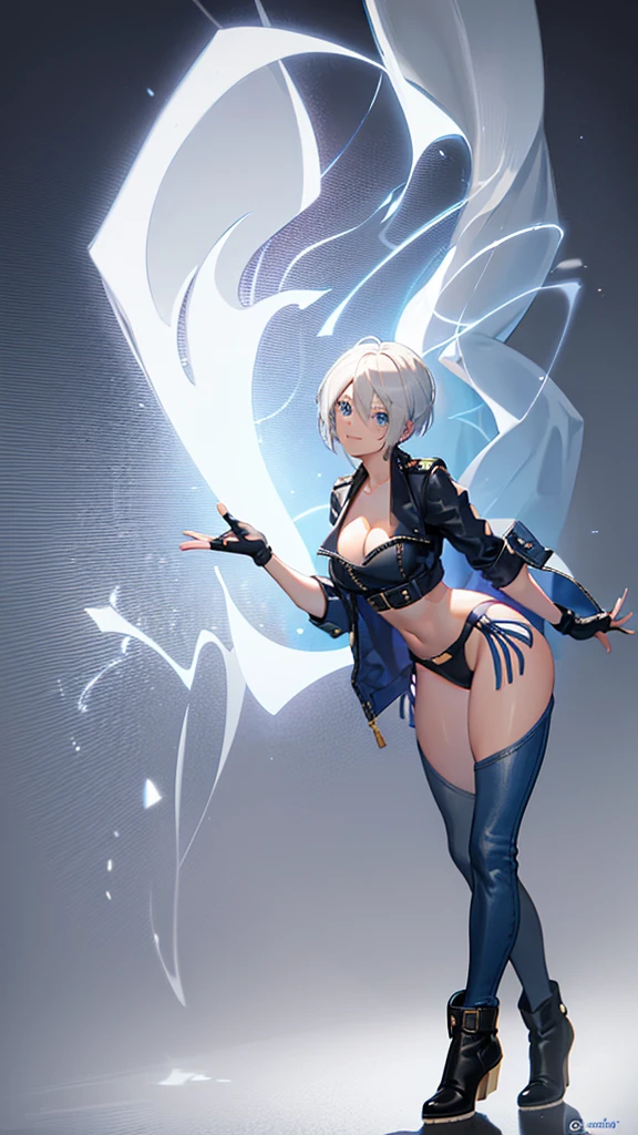 Angel kof,blue eyes,short hair,white hair,hair over one eyes, navel, cowboy boots, cleavage, 1girl, jacket, cropped jacket, leather, fingerless gloves, underwear, panties, chaps, gloves, boots, strapless, smile, leather jacket, solo, strapless bra, toned,Big breasts, big thighs