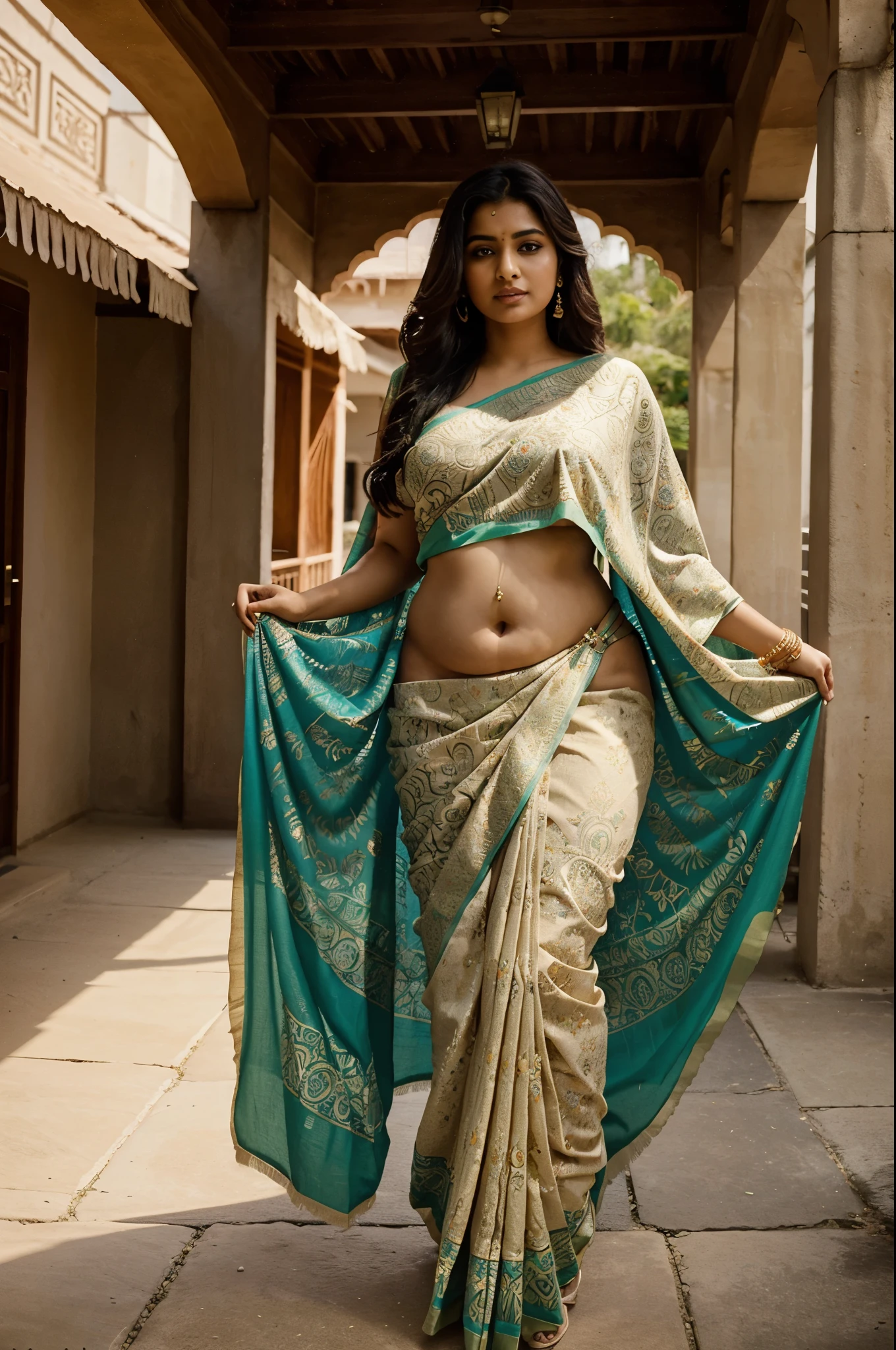 An elegant Indian woman stands gracefully in a vibrant saree,big , big ass, fat belly, the rich fabric draping around her figure with intricate patterns. She exudes confidence and beauty, her traditional attire complementing her graceful demeano