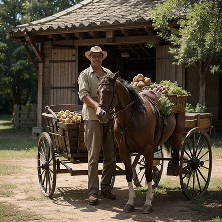 old cart with horse, a man standing next to the cart carries a basket of fruit in his hands