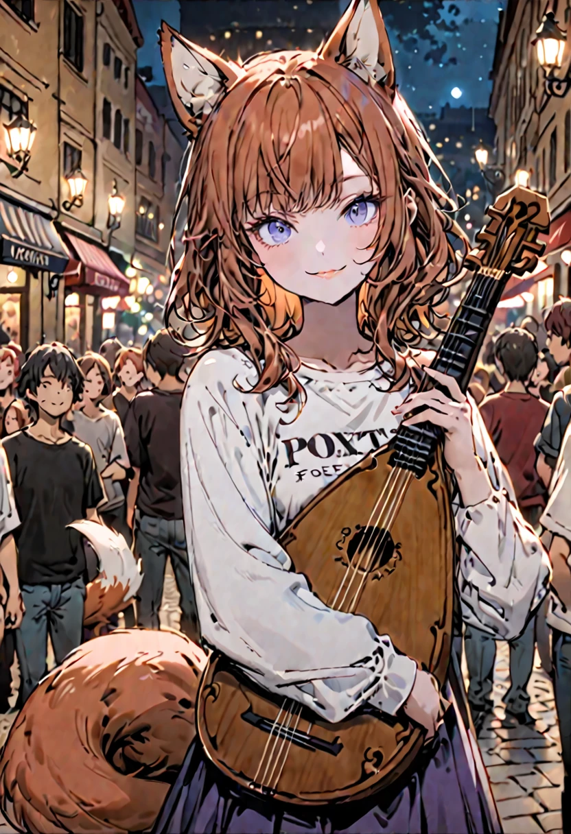 solo, female, sfw, single fox tail, fox ears, curly auburn hair, blue eyes, lute, wink, friendly smile, poet shirt, crowd, plaza, outdoors, night, medium shot