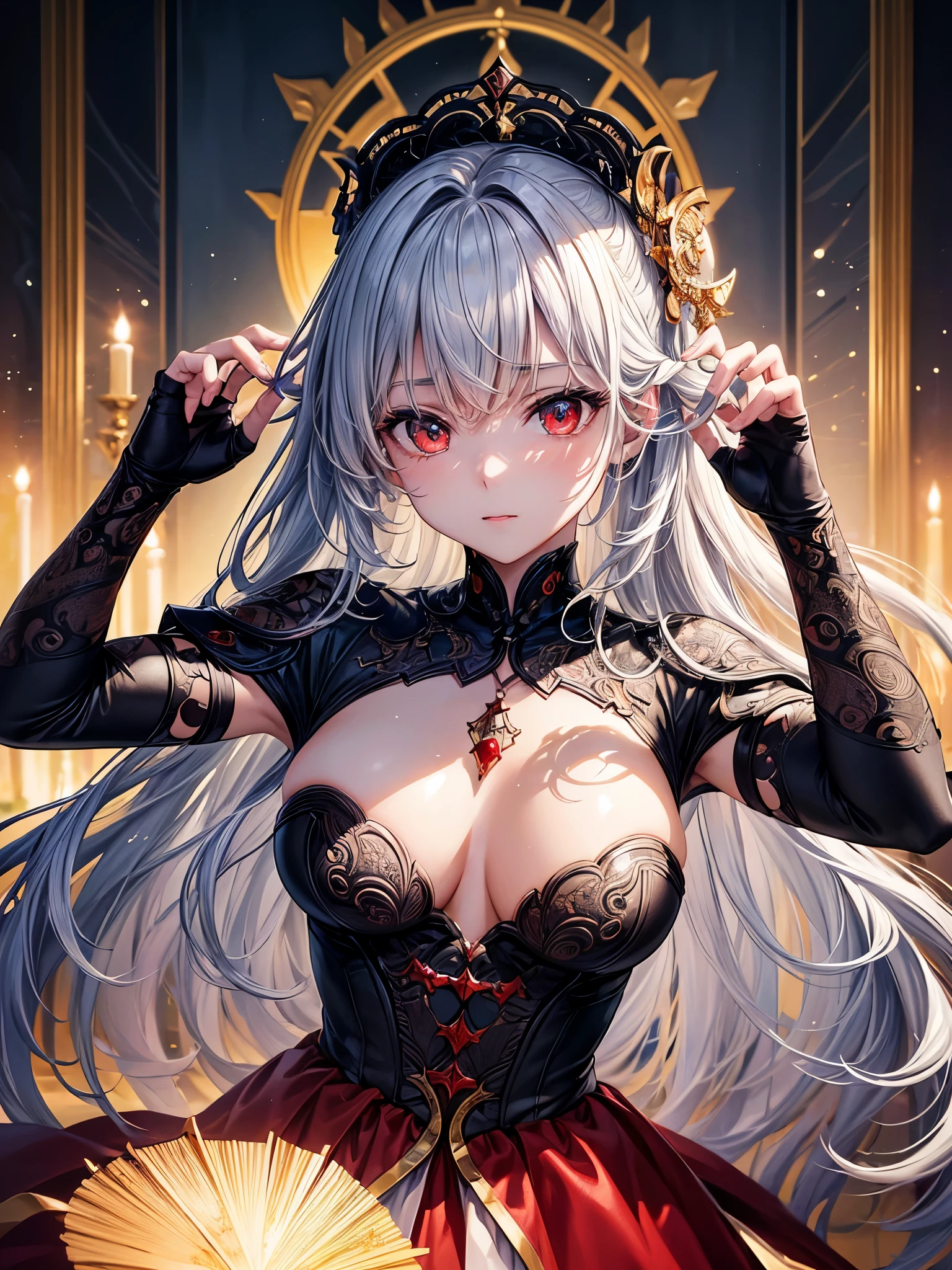 ((highest quality)),(Ultra-high resolution),(Super detailed new),(Detailed Description),((The best CG)),(A masterpiece),Ultra-detailed art,A wonderful new art form,(Art with precise detail:1.5), woman, dress, black, Red eyes