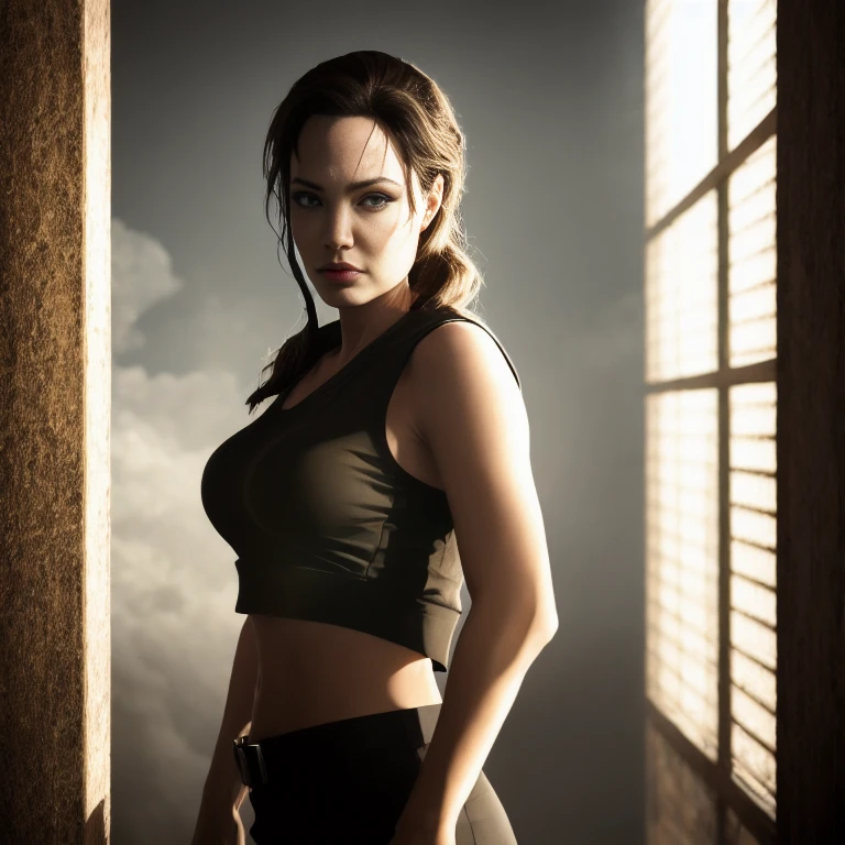 (masterpiece:1.2), (best quality,:1.2), 8k, HDR, ultra detailed, ((photorealistic)), professional light, cinematic lighting, sexy photography, ambient lighting, atmospheric effects, angl, Angelina Jolie as a Lara Croft, upper body shot, wearing tank top, magical temple, (perfect hands), epiCPhoto