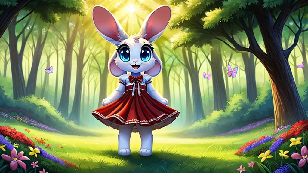 zoomed out image, ((solo character)), cute style art, fantasy style art, cute, adorable, short character, small, tiny little fluffy female white bunny with blue eyes, 4 ears, 2 extra ears, big floppy ears, long ears, ears perked up, raised ears, long eyelashes, poofy rabbit tail, wearing a red frilly ribbon dress, smiling, standing in a thick green forest, realistic forest, soft tones, big expressive smile, open mouth, wide eyes, excited eyes, excited face, looking at the scenery, looking at the trees in wonder, exploring happily, stunning visuals, sunlight coming through the trees, flowers scattered in the bushes, butterflies in the air, digital illustration