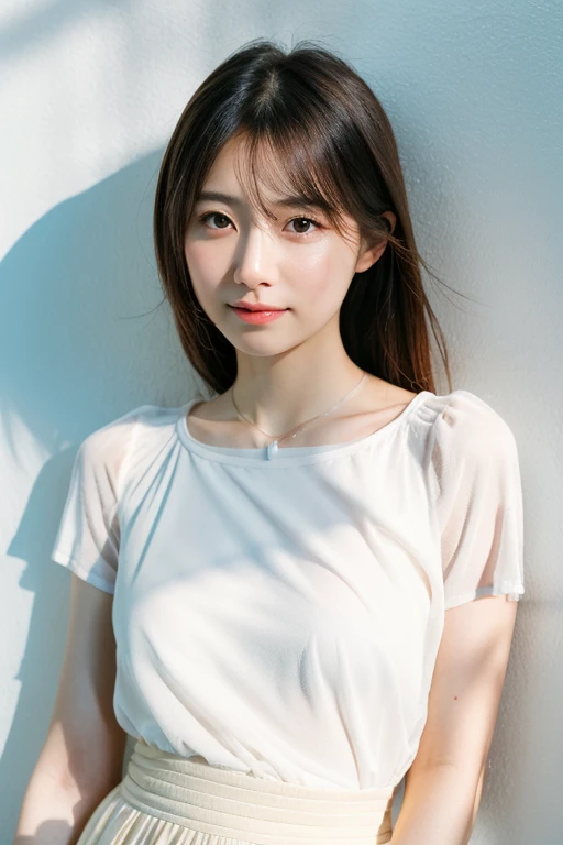 Authentic, top quality, Japanese adult female, super cute, high resolution, natural skin, portrait, looking at camera, in front of white wall, see-through white blouse, skirt