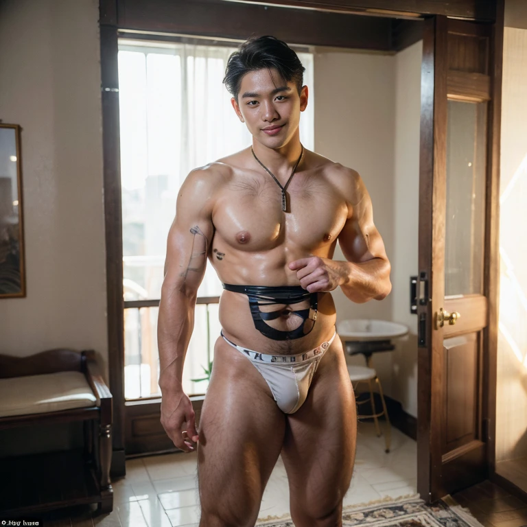 ((Men only)), (handsome man in his 20s), (sexy micro thong ), (Mischievous smile), HIG quality, beautidful eyes, (Detailed face and eyes), (Face、: 1 / 2), Noise, Real Photographics、... .PSD, Sharp Focus, High resolution 8K, realisitic & Professional Photography, 8K UHD, Soft lighting, High quality, Film grain, FujifilmXT3 ,sexy , NSFW , eroticism , full length shot(fls) ,standing, (thick thighs , phat hips ,wide pelvis , wide hips) , handsome boy , smirk , grins , K-pop idol looking , bare thighs, bare chest , bondage collar , hourglass shaped body , handsome korean boy. , handsome face , detail face ,(((only boy ,only male))), extra short hair ,topless. , hands bind behind back