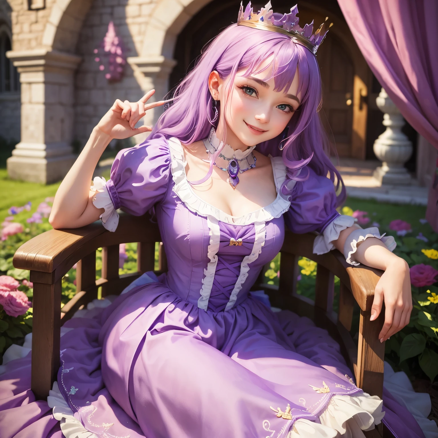 A queen smiling gently with a purple dress inspired in Alice in wonderland in a colorful castle