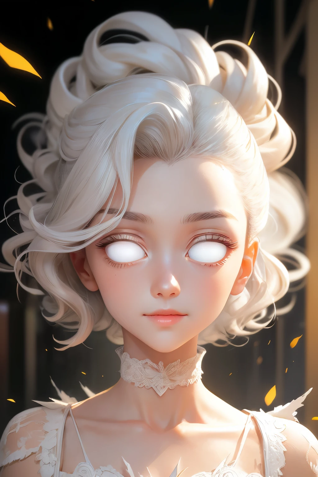 (This is a beautiful fantasy image that feels interesting.) Generate a pretty and cyberpunk (((blind))) woman with colorful curly hair and milky white eyes. Her face is important should be perfectly formed with puffy lips and perfect features. (Her eyes are important and are blank white and solid white.) Her clothing is colorful and torn, giving the appearance of a zombie apocalypse. Utilize dynamic composition to create a compelling and interesting image that appeals to viewers. She has an unmarked face. Use dramatic lighting and cinematic lighting to enhance the overall quality of the image. Fantasy, cute, colorful, compelling, energetic, (shirome eyes:1.3), (smirking), ((no pupils)), ((no irises)), ((((blank eyes, empty eyes)))), (perfectly rendered solid whiteeyes)