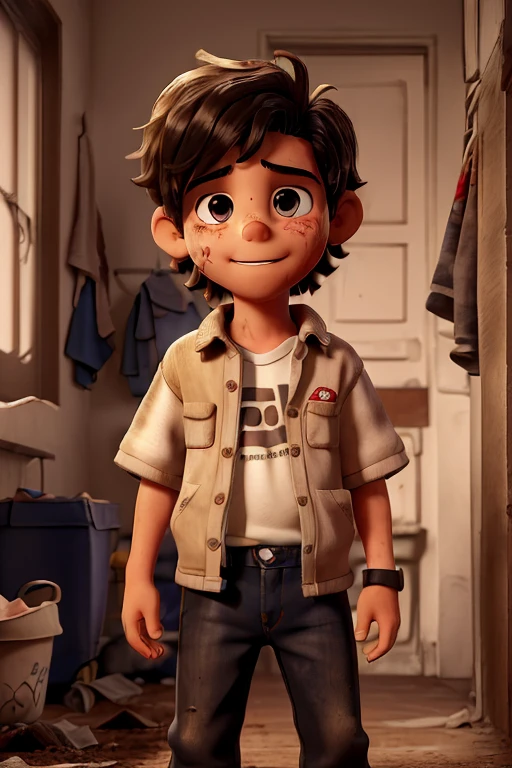 ((menino de 8 anos, he smells and his clothes are dirty), ((your hair is dirty and messy)), (parece um mendigo), face of a naughty  who doesn&#39;t take a bath.