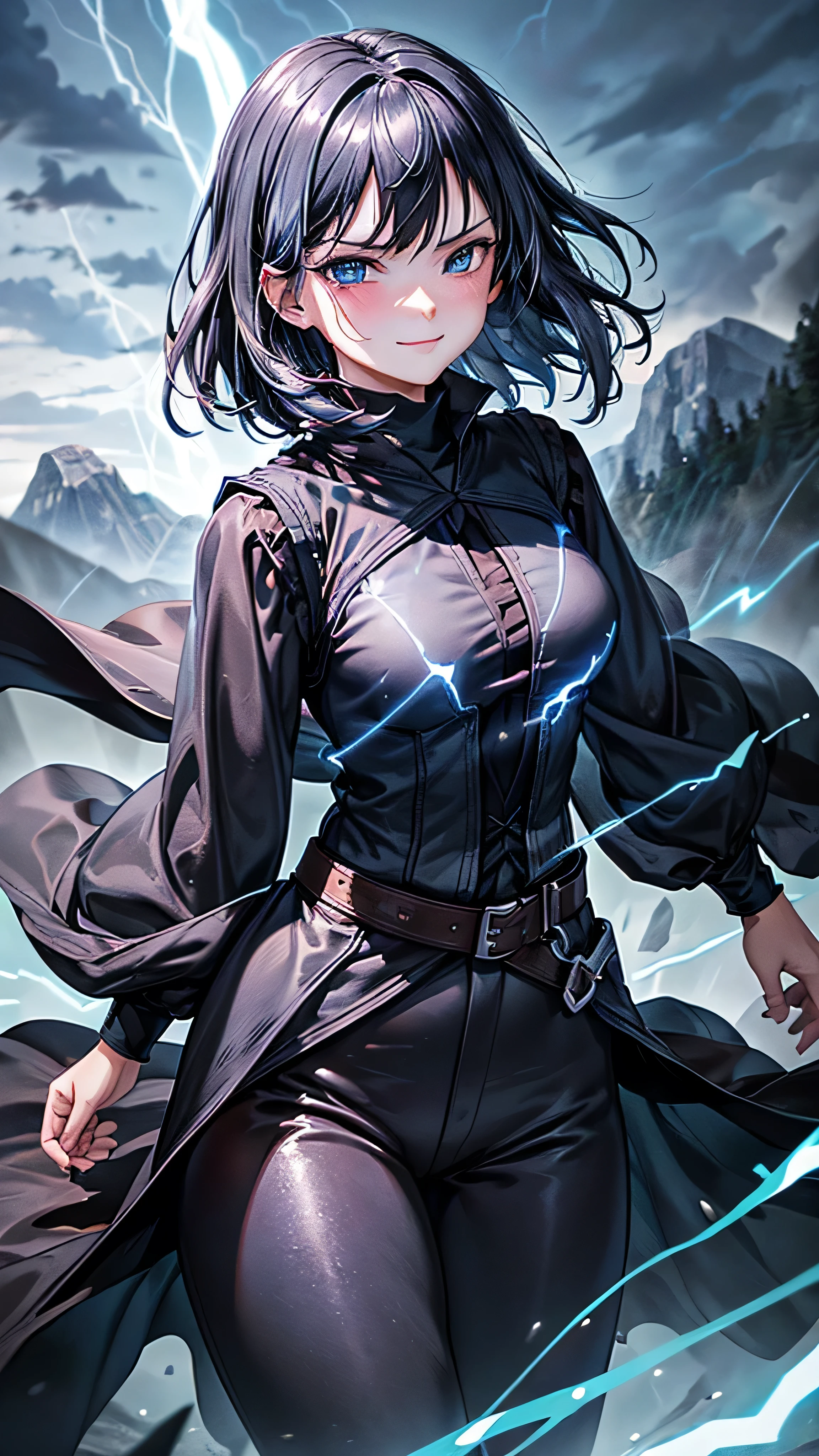 1girl, highly detailed, masterpiece, best quality, correct hands, short black hair, blue eyes, ((black robes, black pants, blue shirt, black vest)) medium breasts, defined curves, blushing, smug smile, satisfied look, mountain background, storm, lightning, holding sword, floating, flying, stormy atmosphere, surrounded by lightning, static sparks