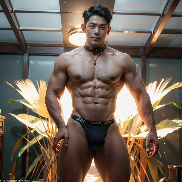 ((Men only)),   (handsome man in his 20s), (sexy micro thong ), (Mischievous smile),  HIG quality, beautidful eyes, (Detailed face and eyes), (Face、: 1 / 2), Noise, Real Photographics、... .PSD, Sharp Focus, High resolution 8K, realisitic & Professional Photography, 8K UHD, Soft lighting, High quality, Film grain, FujifilmXT3 ,sexy , NSFW , eroticism , full length shot(fls)  ,standing, (thick thighs , phat hips ,wide pelvis , wide hips) , handsome boy ,  smirk , grins , K-pop idol looking ,  bare thighs, bare chest , bondage collar , hourglass shaped body , handsome korean boy. , handsome face , detail face ,(((only boy ,only male))), extra short hair ,topless. , hands bind behind back. Tall , hunk , masculine  , bodybuilder