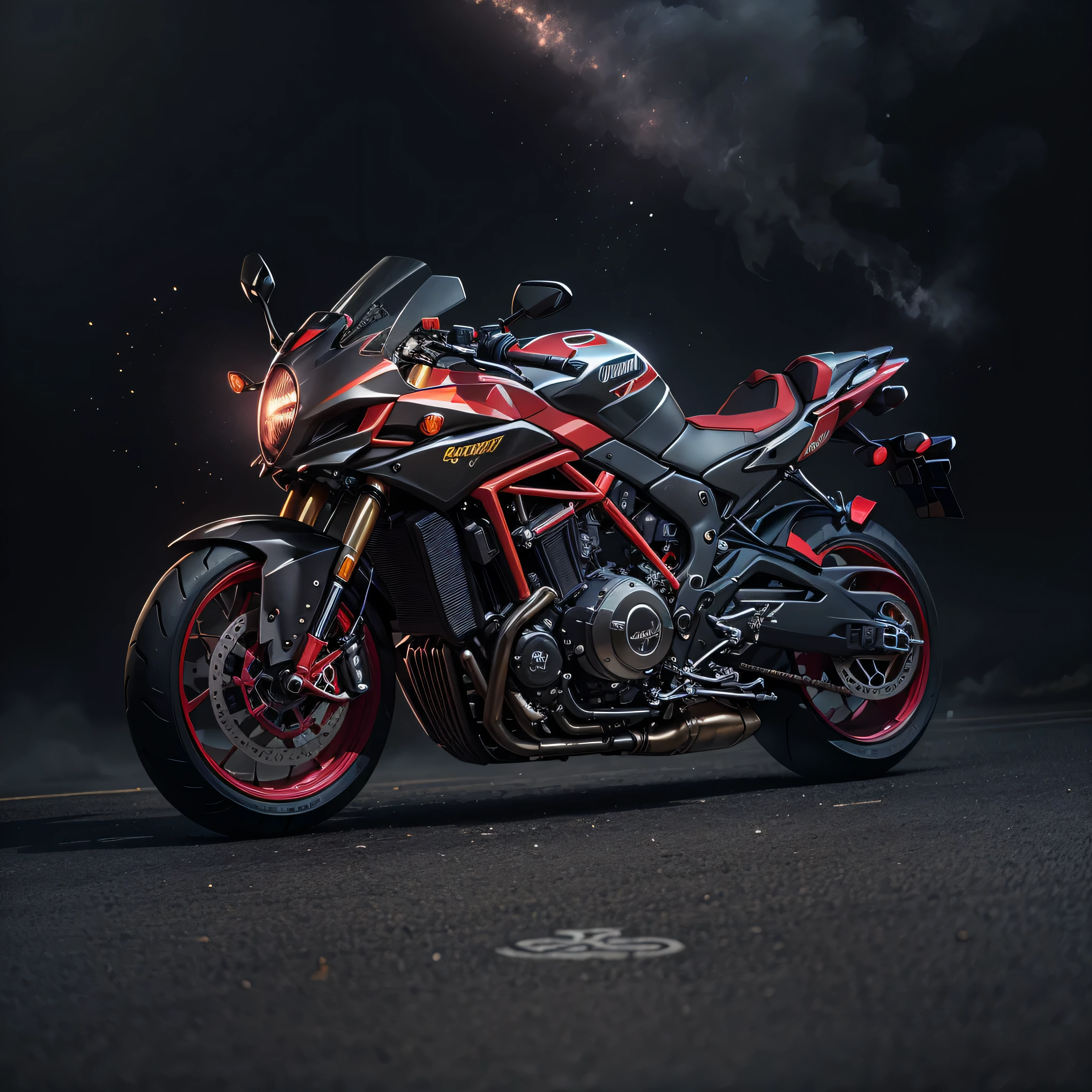 Imagine shrouded in cosmic dust, a motorcycle, Capture every detail of the bike, from the glow of the powerful engine, all in a high-resolution HDR image, PNG, no background,