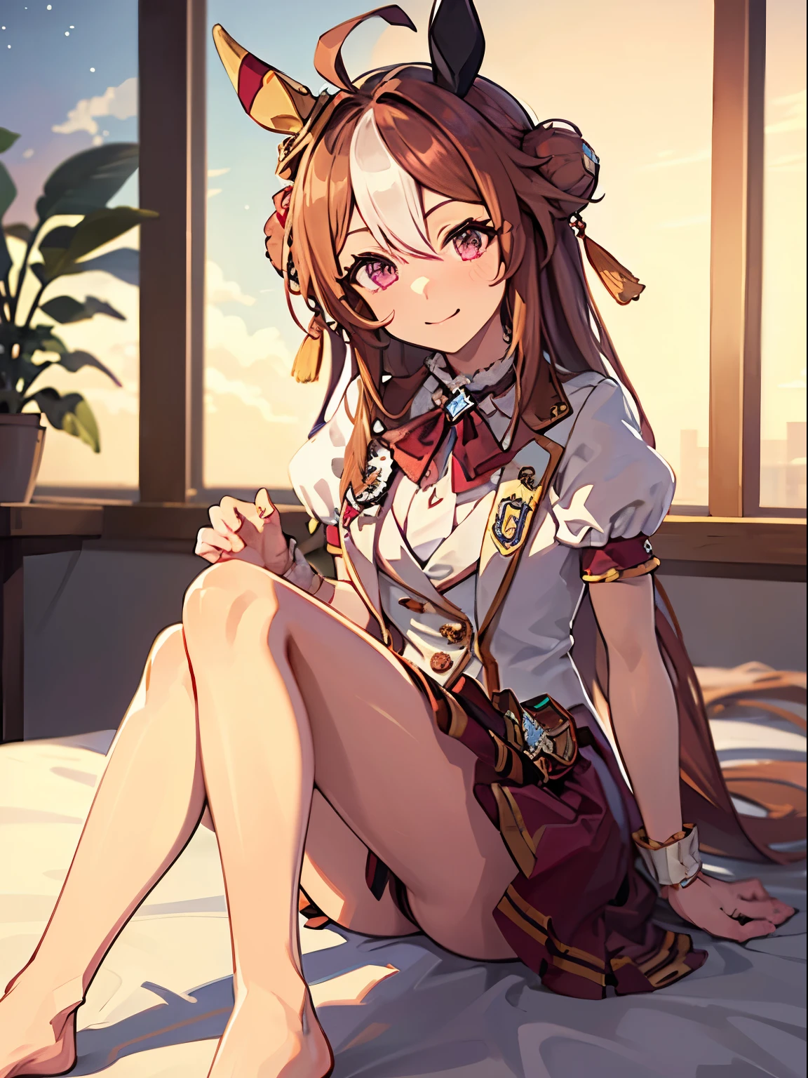 copano rickey \(umamusume\), 1 girl, Solo, Cute Girl,Best Quality, Ultra-detailed, 8K, High resolution, detailed face, sitting on the bed, light smile, New Stars Rose, barefoot,