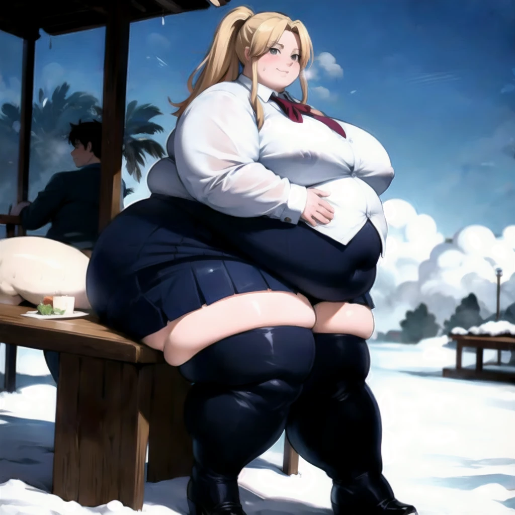 ((masterpiece,intricate details)),1girl,mature female,brown eyes,smile,massive fat heavy breasts,thick thighs, wide fat hips, massive fat round heart shaped shelf bubble butt, massive bloated overstuffed bulging fat heavy belly,BREAK sit, spread legs,office lady uniform,miniskirt,((thighhighs)),high heels BREAK day,snow,windy,blue sky,ice,cumulonimbus,((cowboy shot)),from side:1.3,depth of field,looking at viewer