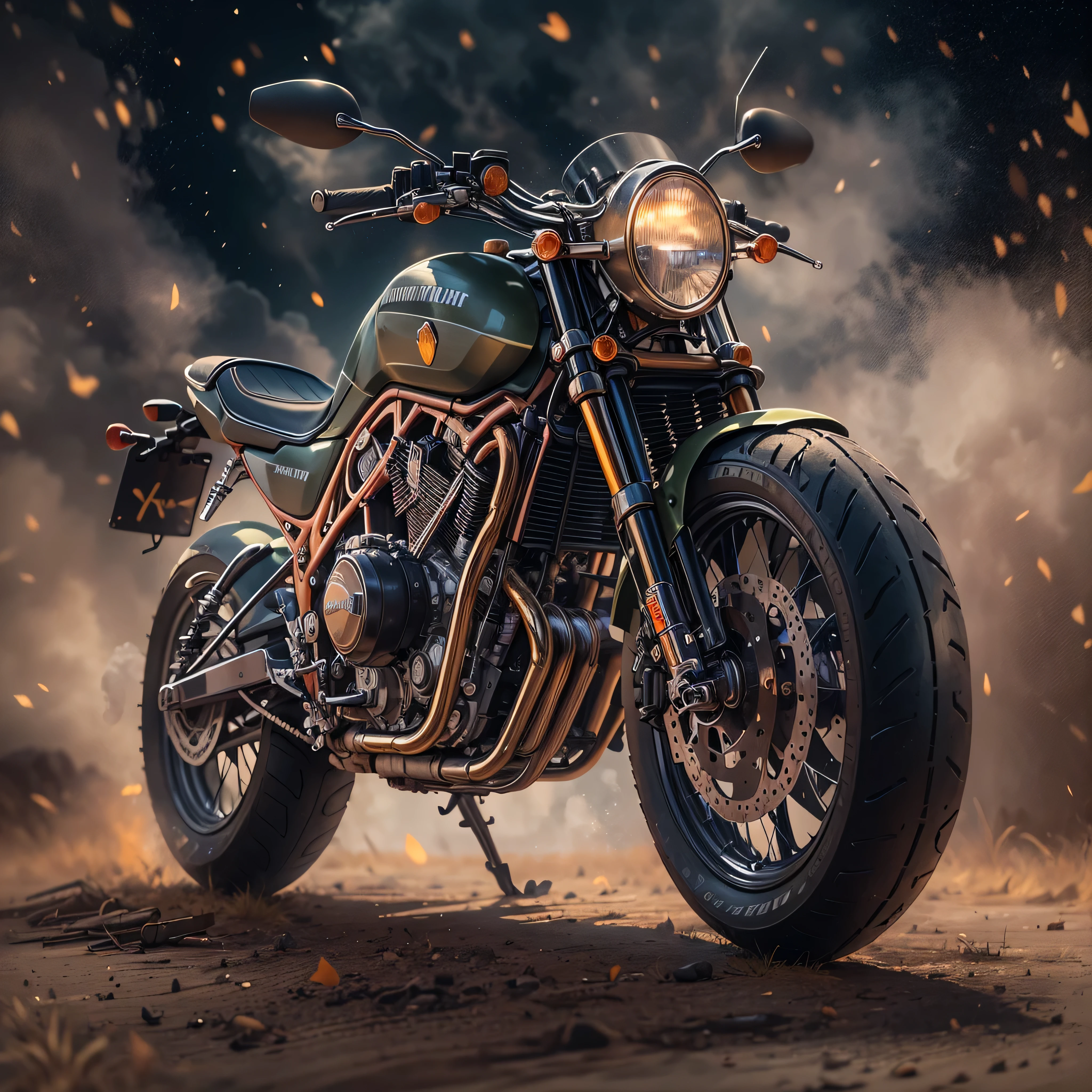 Imagine shrouded in cosmic dust, a motorcycle, Capture every detail of the bike, from the glow of the powerful engine, all in a high-resolution HDR image, PNG, no background,