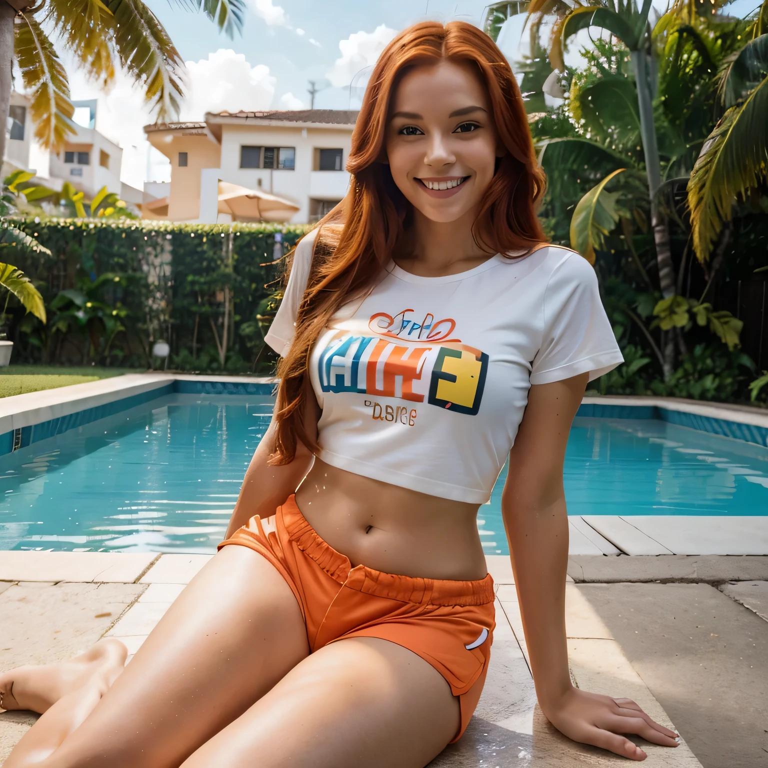 A radiant smile illuminates the face of the AI influencer with long red hair, Ultra high definition images of our AI digital influencer smiling in a colorful short t-shirt and short shorts by a pool in Copa Capacabana RJ Brazi