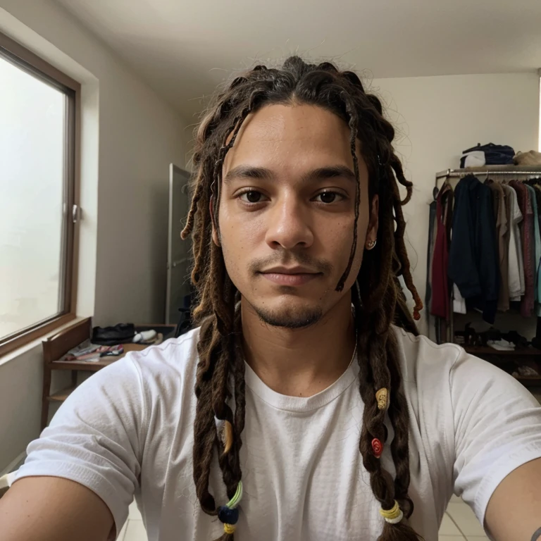 Uma selfie de um Homem pardo lindo, com dreads pequeno no cabelo