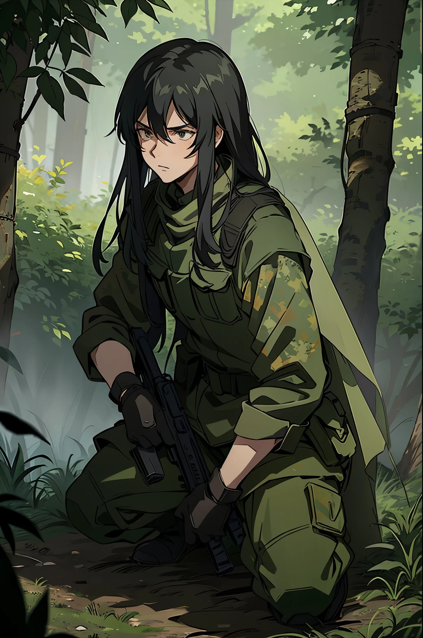 Young man with long black hair, wearing military combat gear and ghillie suit, crouching in the forest, covered in shrubbery and foliage to blend in