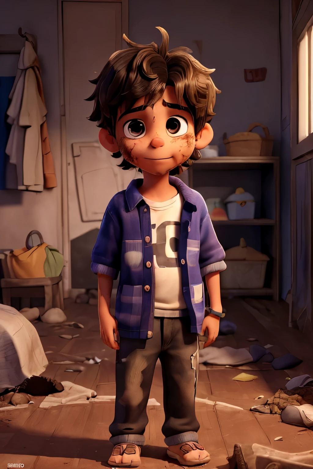 ((menino de 8 anos, he smells and his clothes are ), ((your hair is  and messy)), (parece um mendigo), face of a   who doesn't take a bath.