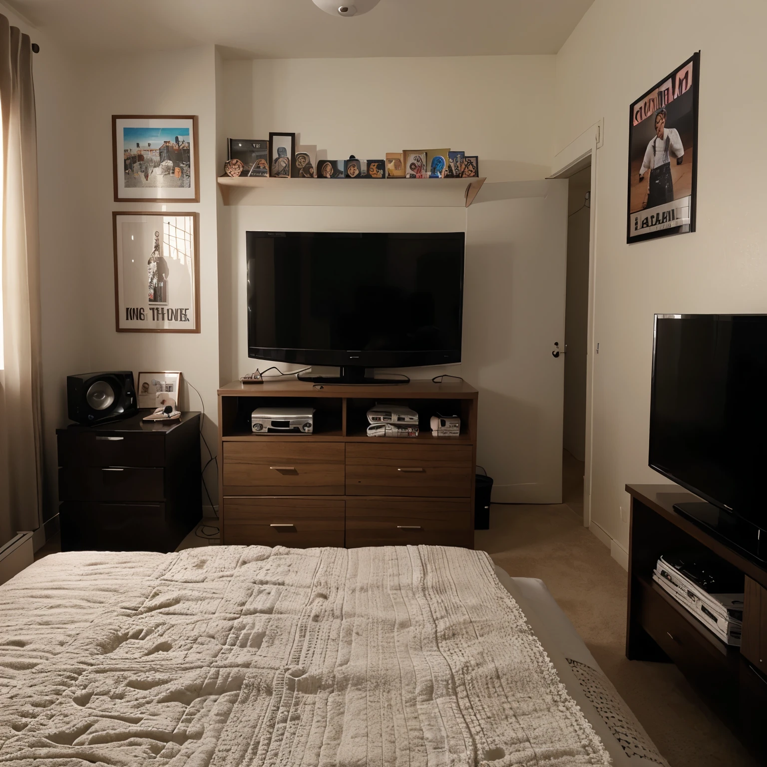 Un dormitorio que tenga una cama grande, a small wardrobe, posters of the band one direction and a black television