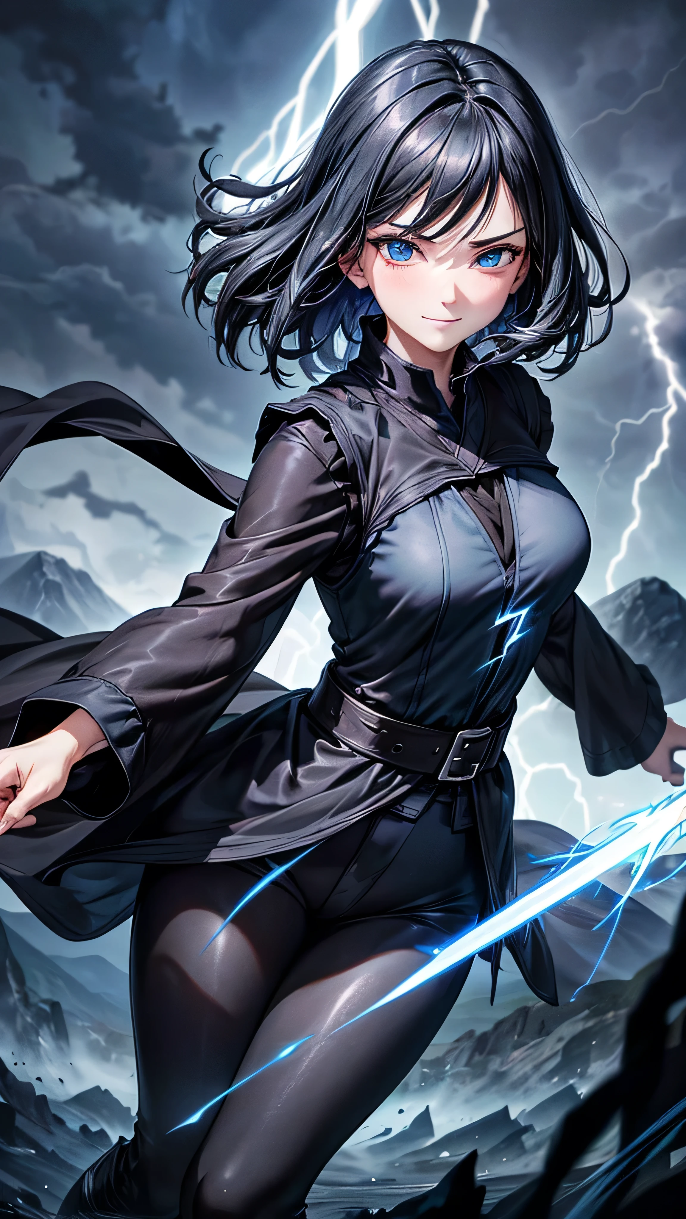 1girl, highly detailed, masterpiece, best quality, correct hands, short black hair, blue eyes, ((black robes, black pants, blue shirt, black vest)) medium breasts, defined curves, blushing, smug smile, satisfied look, mountain background, storm, lightning, holding sword, floating, flying, stormy atmosphere, surrounded by lightning, static sparks