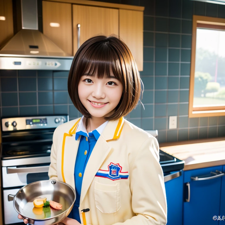 Smiling Japanese high school student、Wearing a blazer uniform、short hair、Holding a frying pan and cooking((highest quality)、Large kitchen,,(超A high resolution),(Ultra-detailed),(Detailed depiction),(),(A masterpiece),Sharpness,Claire, (cock:1.6),smile,Stove