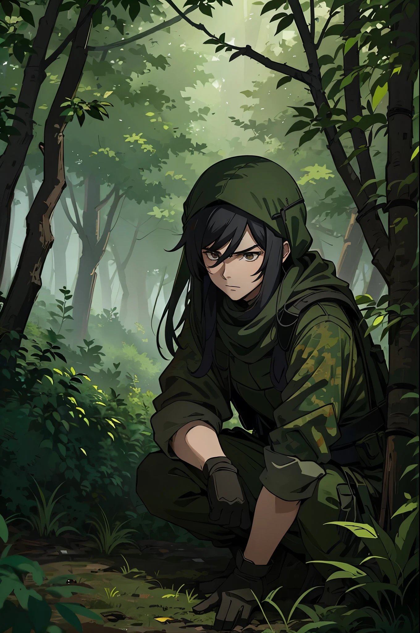 Young man with long black hair, wearing sniper ghillie suit, crouching in the forest, covered in shrubbery and foliage to blend in