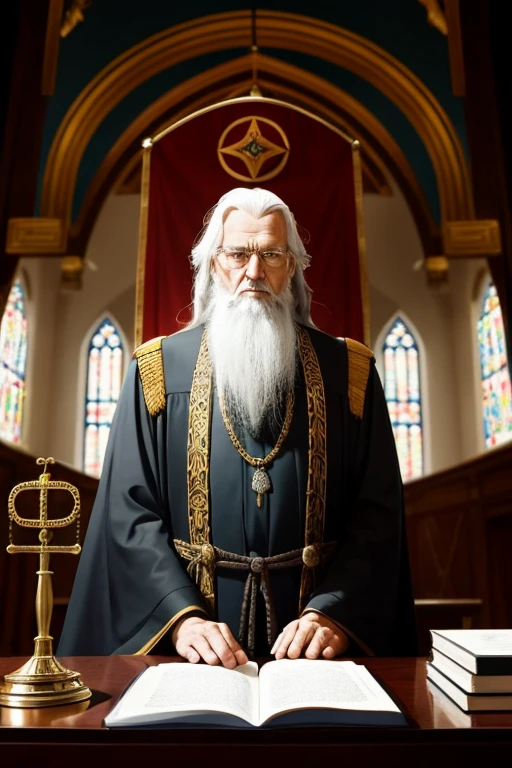 A portrait of a venerable and esteemed judge, a man past his prime with silver hair, stands in the center of the image. His gaze is stern yet wise, framed by a well-trimmed beard. The background is a grand courtroom, dimly lit by the soft glow of moonlight streaming through stained glass windows. The judge's robe, emblazoned with intricate symbols and emblems, drapes ceremoniously over his shoulders. His hand rests upon a gavel, the symbol of his authority, while his index finger gently taps against the wooden desk in front of him. A sense of gravity and solemnity pervades the scene.
In another scene