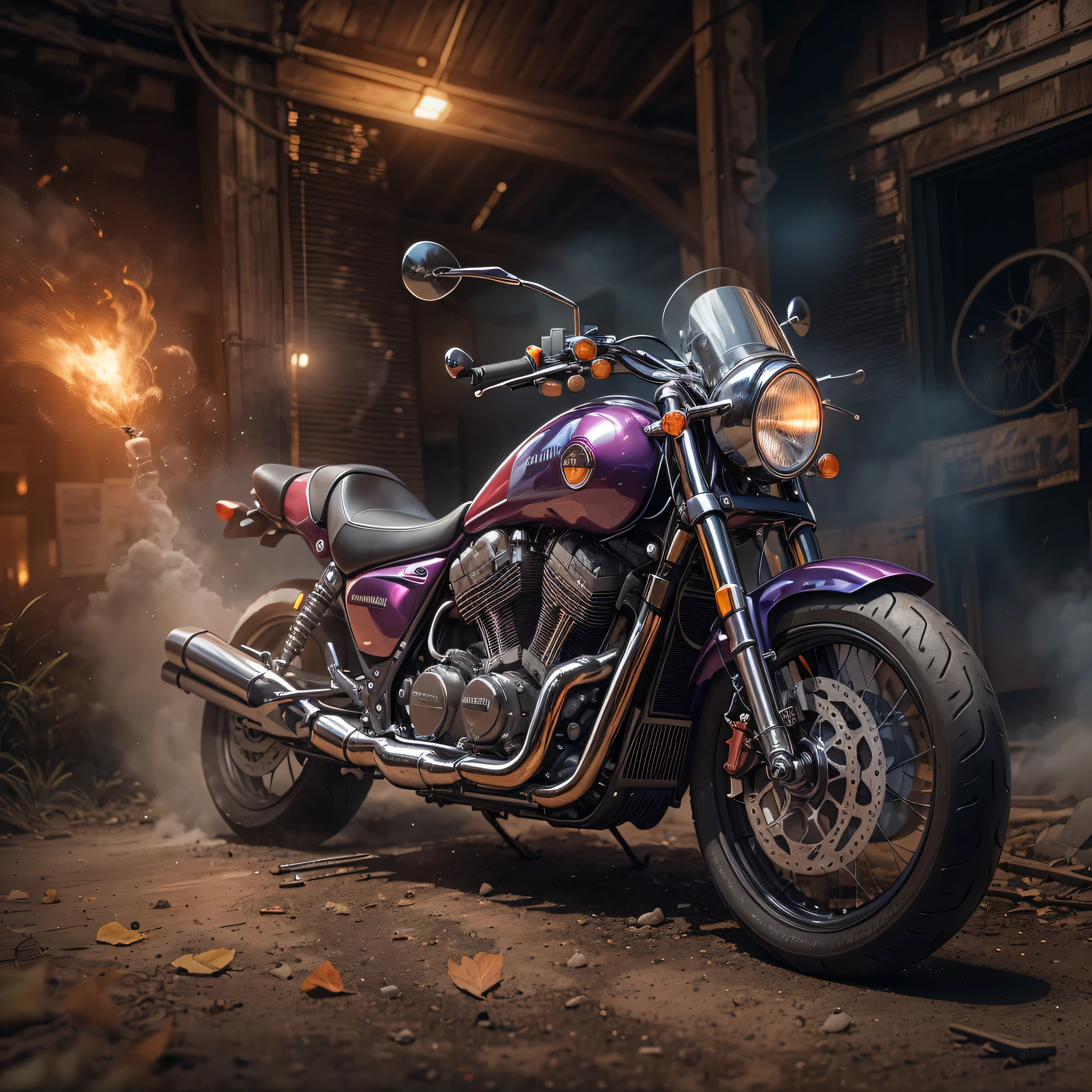 Imagine shrouded in cosmic dust, a motorcycle, Capture every detail of the bike, from the glow of the powerful engine, all in a high-resolution HDR image, PNG, no background,