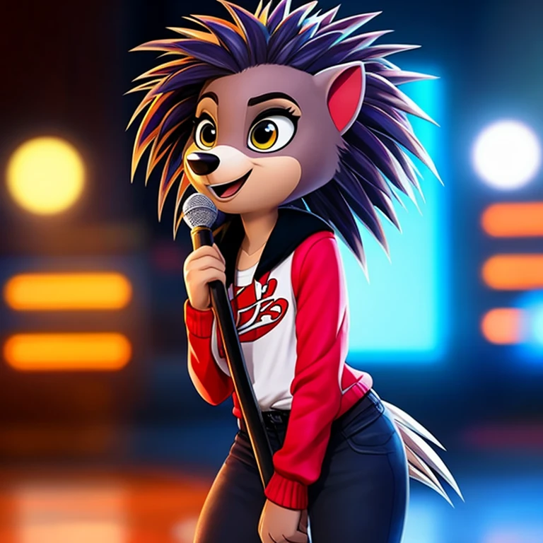 Ash the porcupine, from the movie "Sing!", wearing emo clothes, she's a female.