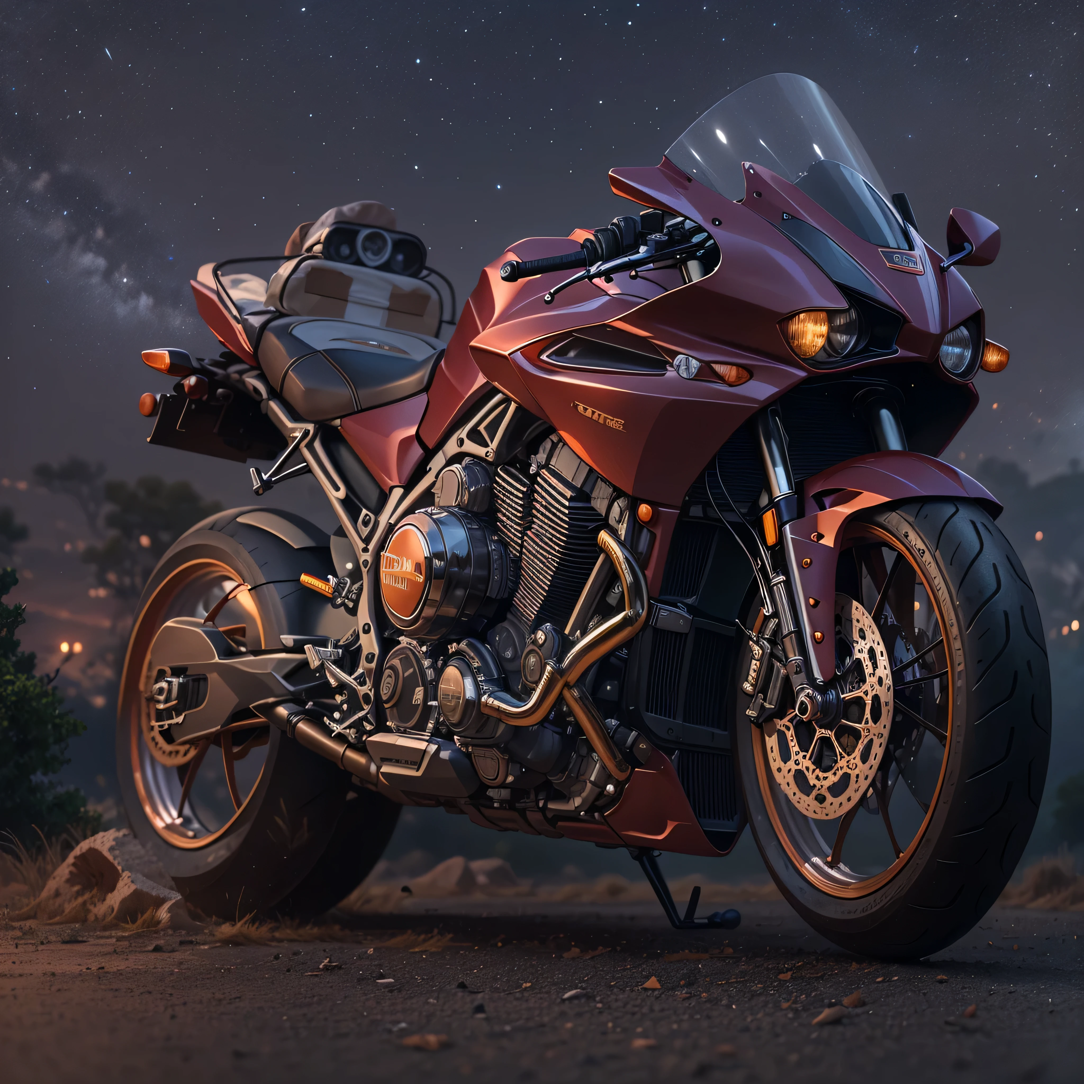 Imagine shrouded in cosmic dust, a motorcycle, Capture every detail of the bike, from the glow of the powerful engine, all in a high-resolution HDR image, PNG, no background,
