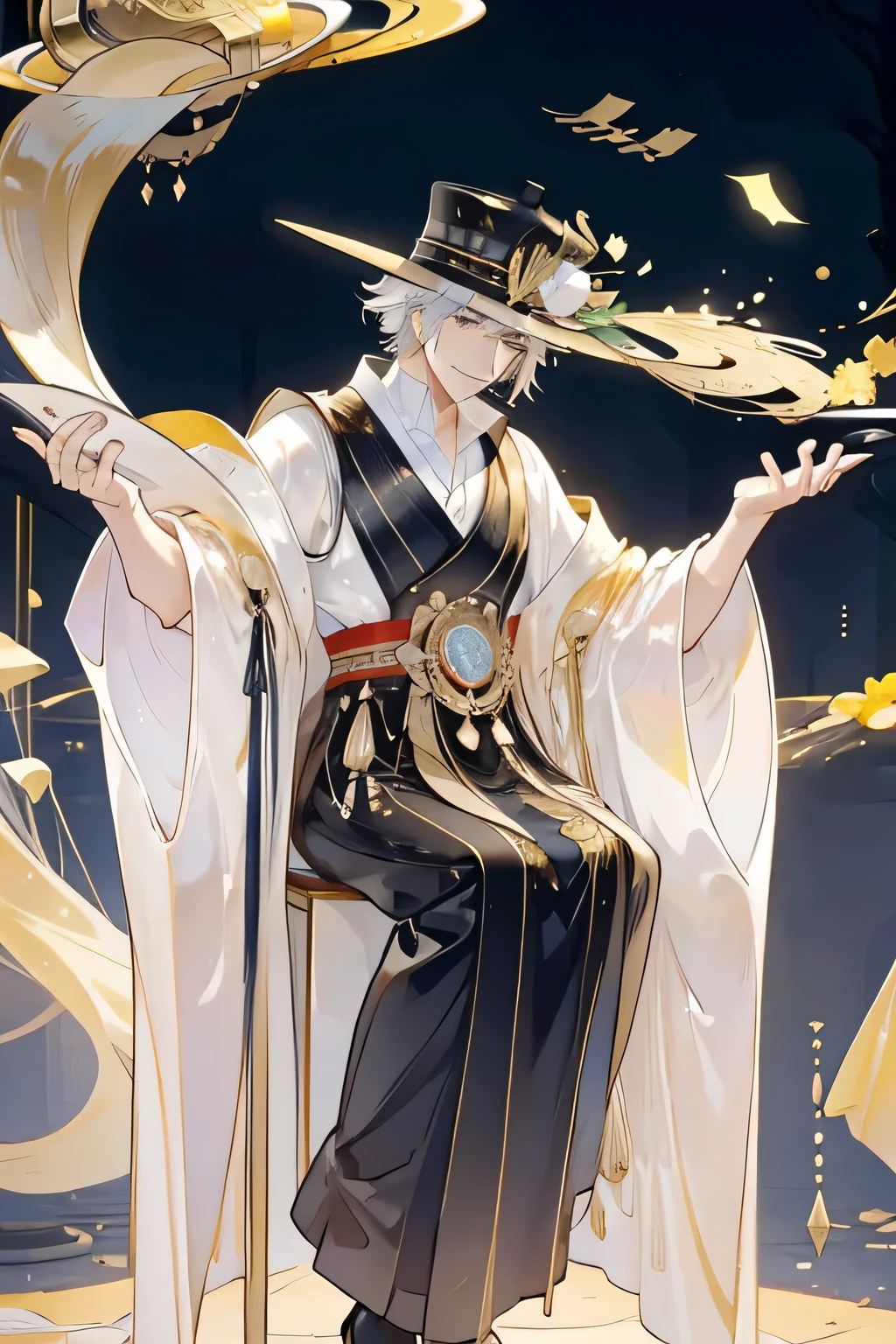 Middle-aged man full body，emperor，Antique Collector，Gold gauze hat