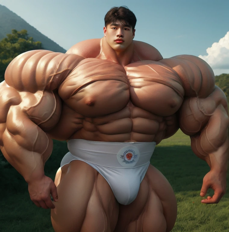 1 korean boy, giant, model shoot style, looking at viewer, standing, illuminating light, golden hour, outdoor, strong body, bulk, large size, standing, at the meadows, white triangular underwear, prominent bulge, big, brutalmass, giant, muscular body, bulk, massive body, large meaty body size