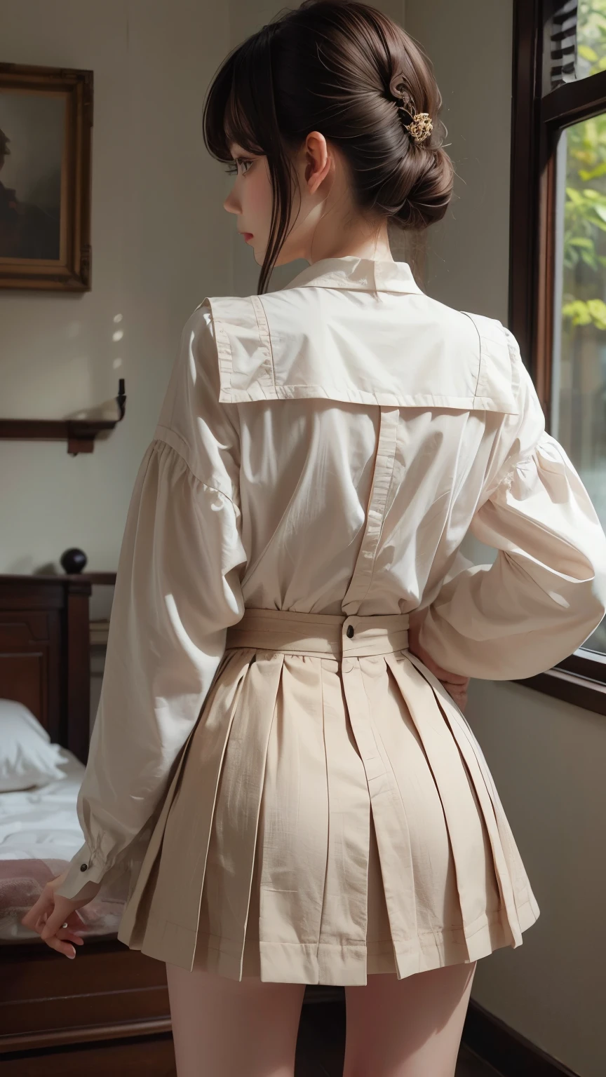 masterpiece , highest quality , detailed , blouse , skirt , Are standing , (from the front) ,Hands behind back、 Bedroom , indoor