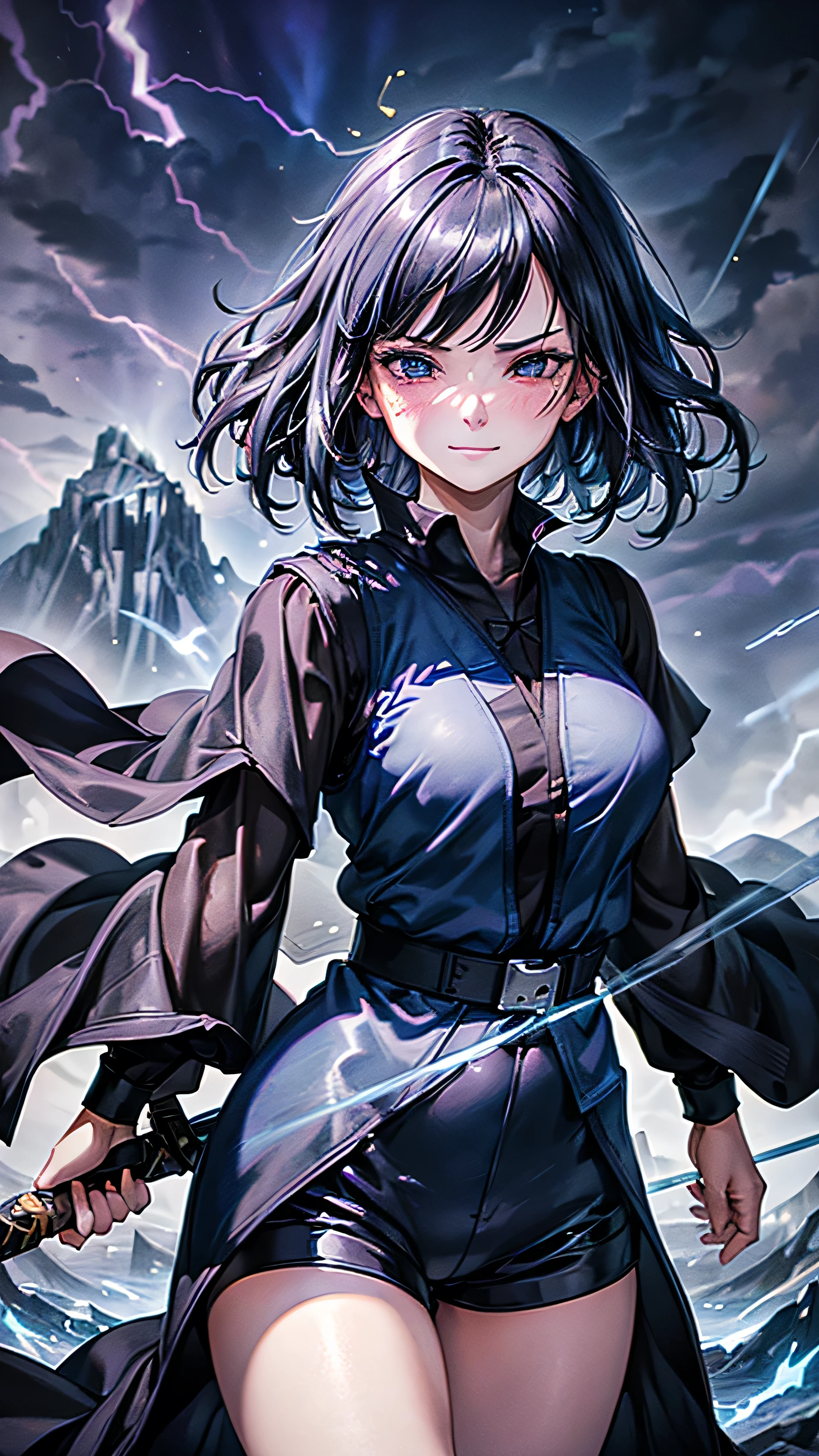 1girl, highly detailed, masterpiece, best quality, correct hands, short black hair, blue eyes, ((black robes, black pants, black shirt, purple and blue vest)) medium breasts, defined curves, blushing, smug smile, satisfied look, mountain background, storm, lightning, holding sword, floating, flying, stormy atmosphere, surrounded by lightning, static sparks