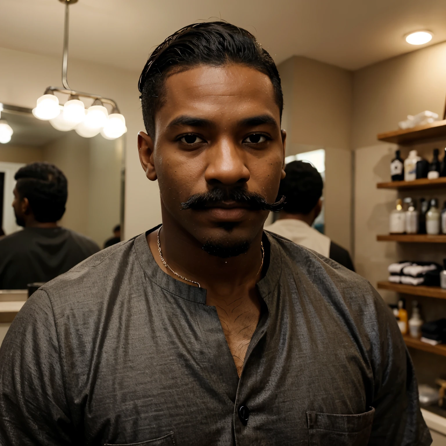 Um homen negro com bigode e cavanhaque com o cabelo cacheado com corte americano em uma barbearia