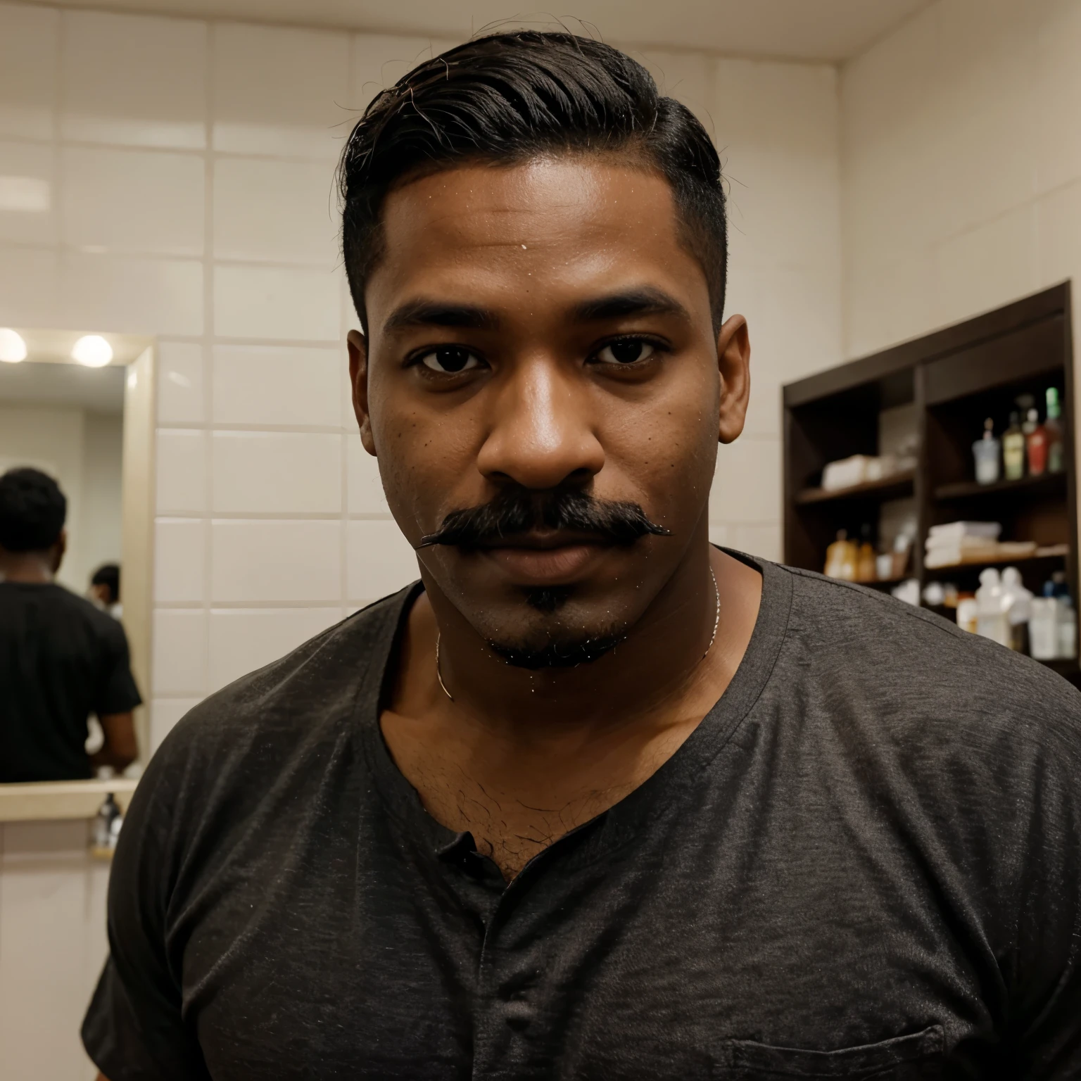 Um homen negro com bigode e cavanhaque com o cabelo cacheado com corte americano em uma barbearia