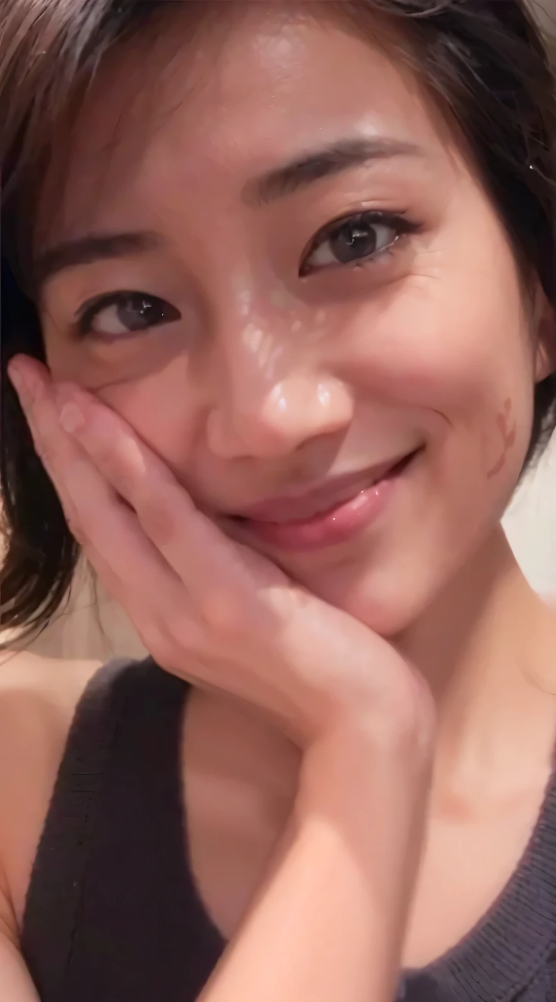 A 40-year-old Japanese woman is smiling and resting her chin on her hand,Raw photo, 最high quality), (Realistic, photo-Realistic:1.2), 1 Girl, high quality, (High definition skin:1.4), Puffy eyes, Gorgeous Hair, (Dark Room:1.3), (Rim lighting:1.3), (It's dim:1.3), (Dark Night:1.3), Indoors,, Black Hair, Dark Background, short hair,
