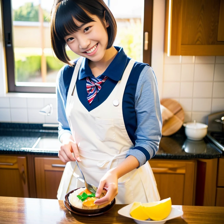 Smiling Japanese high school student、Wearing a blazer uniform、short hair、Preparing breakfast in the kitchen、Cutting ingredients using a knife((highest quality)),(超A high resolution),(Ultra-detailed),(,Sharpness,Claire,The art of astonishing depiction, (high school girl:1.3),Wear an apron ,Huge ,Laughter, 