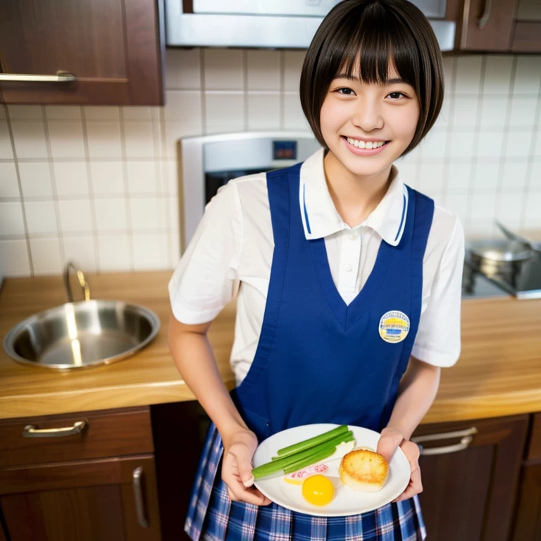 Smiling Japanese high school student、Wearing a blazer uniform、short hair、Preparing breakfast in the kitchen、Cutting ingredients using a knife((highest quality)),(超A high resolution),(Ultra-detailed),(,Sharpness,Claire,The art of astonishing depiction, (high school girl:1.3),Wear an apron ,Huge ,Laughter, 