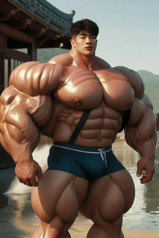 1 korean boy, giant, model shoot style, looking at viewer, standing, illuminating light, golden hour, outdoor, strong body, bulk, large size, standing, at the meadows, white triangular underwear, prominent bulge, big, brutalmass, giant, muscular body, bulk, massive body, large meaty body size