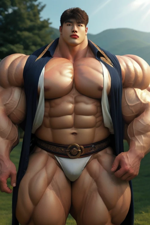 1 korean boy, giant, model shoot style, looking at viewer, standing, illuminating light, golden hour, outdoor, strong body, bulk, large size, standing, at the meadows, white triangular underwear, prominent bulge, big, brutalmass, giant, muscular body, bulk, massive body, large meaty body size