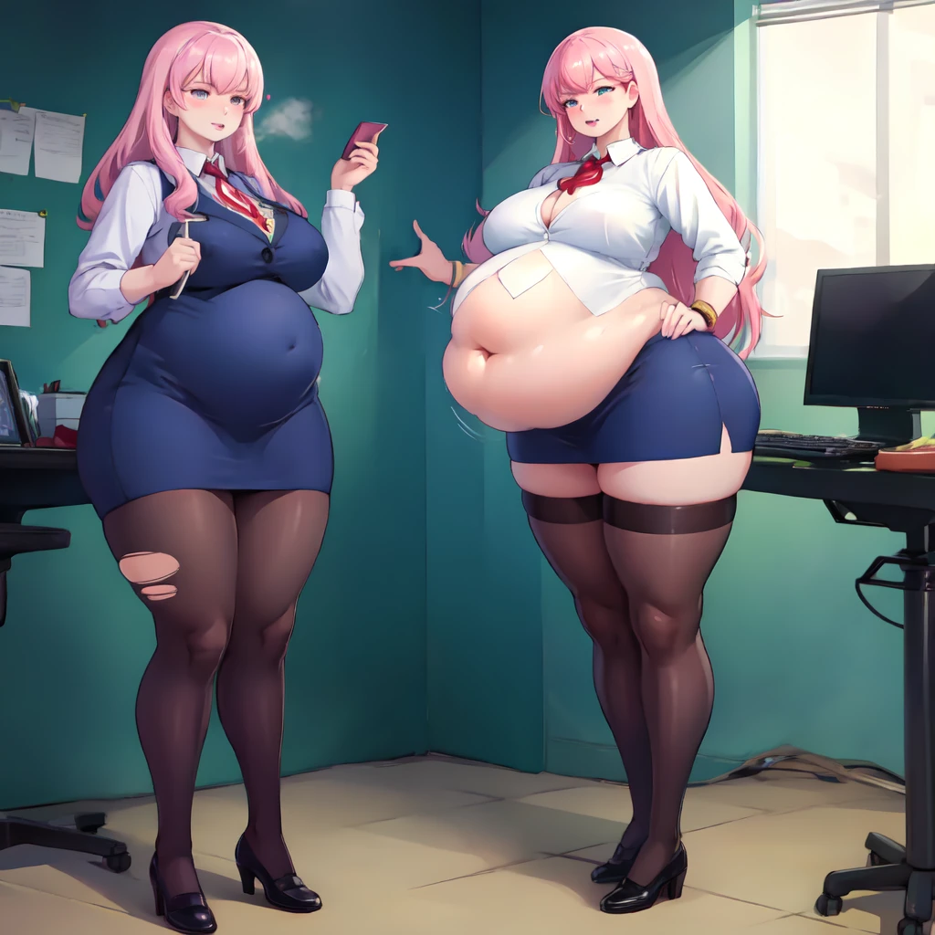 High quality, best quality, wallpaper, full body photo of a beautiful sexy motherly secretary wearing extremely skimpy short skirt and seamed stockings, standing exactly, ((solo)), adult, in the office, high heels, craves sex, horny, steamy, massive bloated stuffed bulging heavy obese belly, tight clothes, long hair, overflowing from clothes, visible panties, she’s binge eating, extreme weight gain, revealing skirt, massive fat breasts, wide fat hips, deep navel, strained shirt buttons, cameltoe, massive fat round wide heart shaped bubble butt, she’s fallen in love with you, beautiful face, stunning eyes, luscious long hair, heart warming smile, high clarity, clear face, her coworkers are making her fatter, popped shirt buttons, ripped skirt, too fat for her clothes,