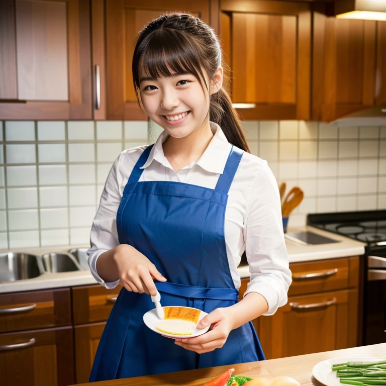 Smiling Japanese high school student、Wearing a blazer uniform、ponytail、Preparing breakfast in the kitchen、Cutting ingredients using a knife((highest quality)),(超A high resolution),(Ultra-detailed),(,Sharpness,Claire,The art of astonishing depiction, (high school girl:1.3),Wear an apron ,Huge ,Laughter,
