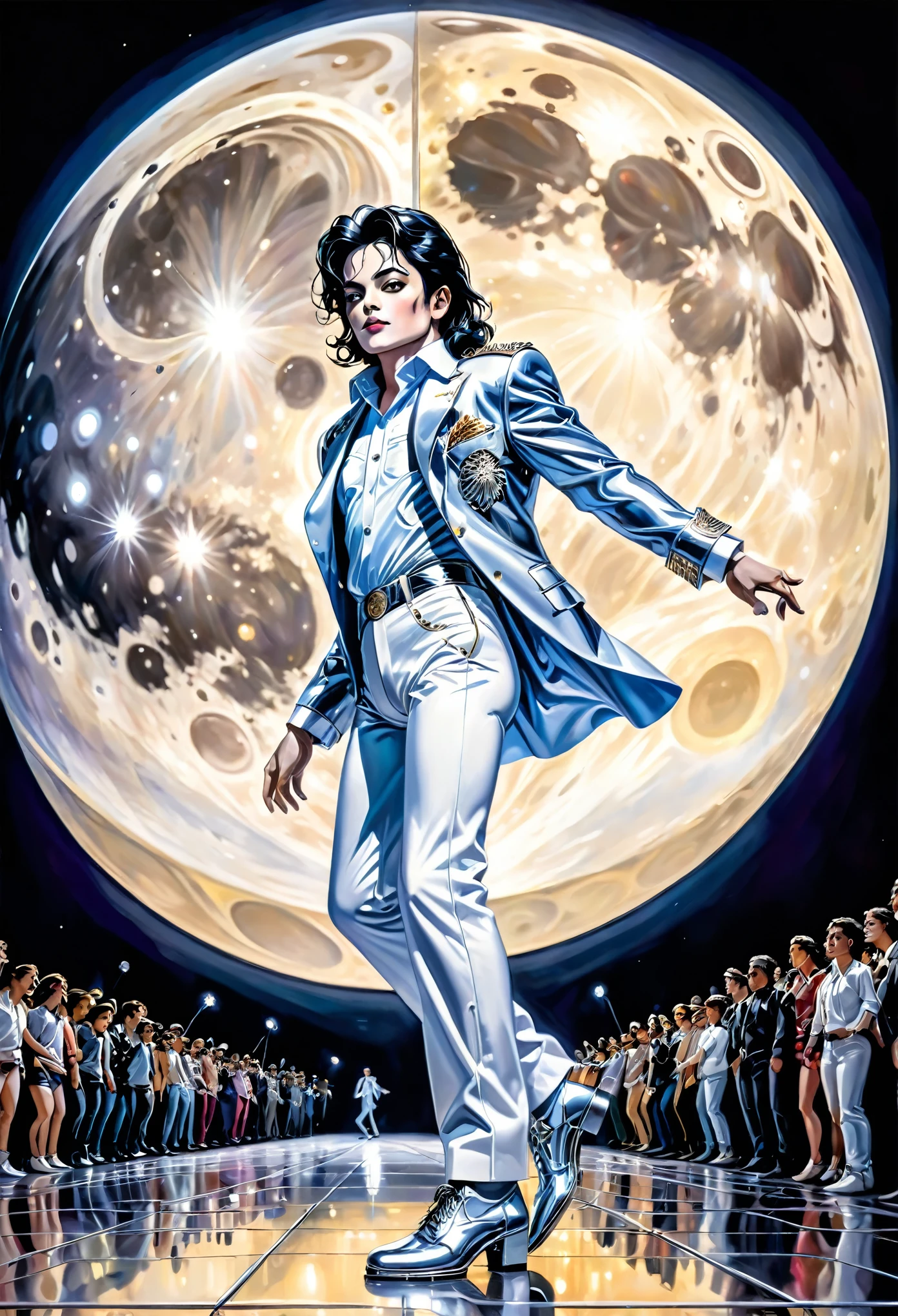 describe Michael Jackson moon walking on stage in front of thousands of people live in concert, breathtaking uhd visuals, perfectly centred, neo-expressionist oil paint, centred, posing portrait by hajime sorayama