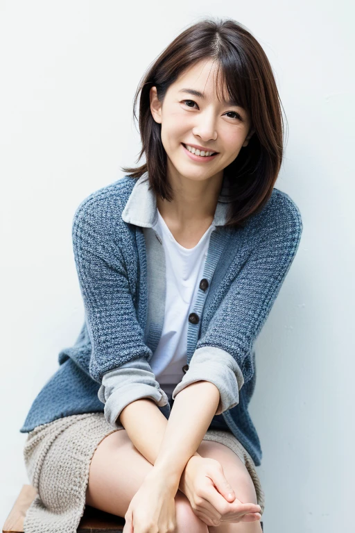 Authentic, highest quality, high resolution, natural skin, portrait, Japanese woman, regular woman, smile, mature woman, in front of a white wall, from the knees up