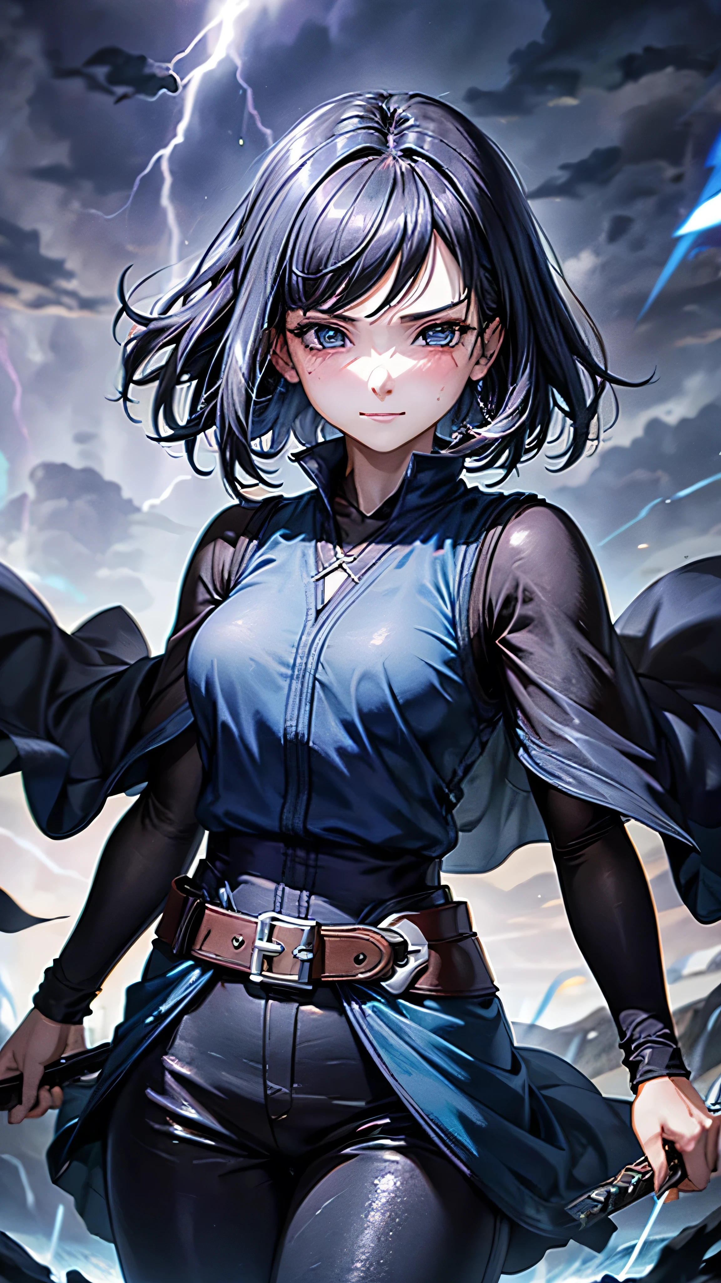 1girl, highly detailed, masterpiece, best quality, correct hands, short black hair, short hair, blue eyes, ((black robes, black pants, black shirt, purple and blue vest)) medium breasts, defined curves, blushing, smug smile, satisfied look, mountain background, storm, lightning, holding sword, floating, flying, stormy atmosphere, surrounded by lightning, static sparks